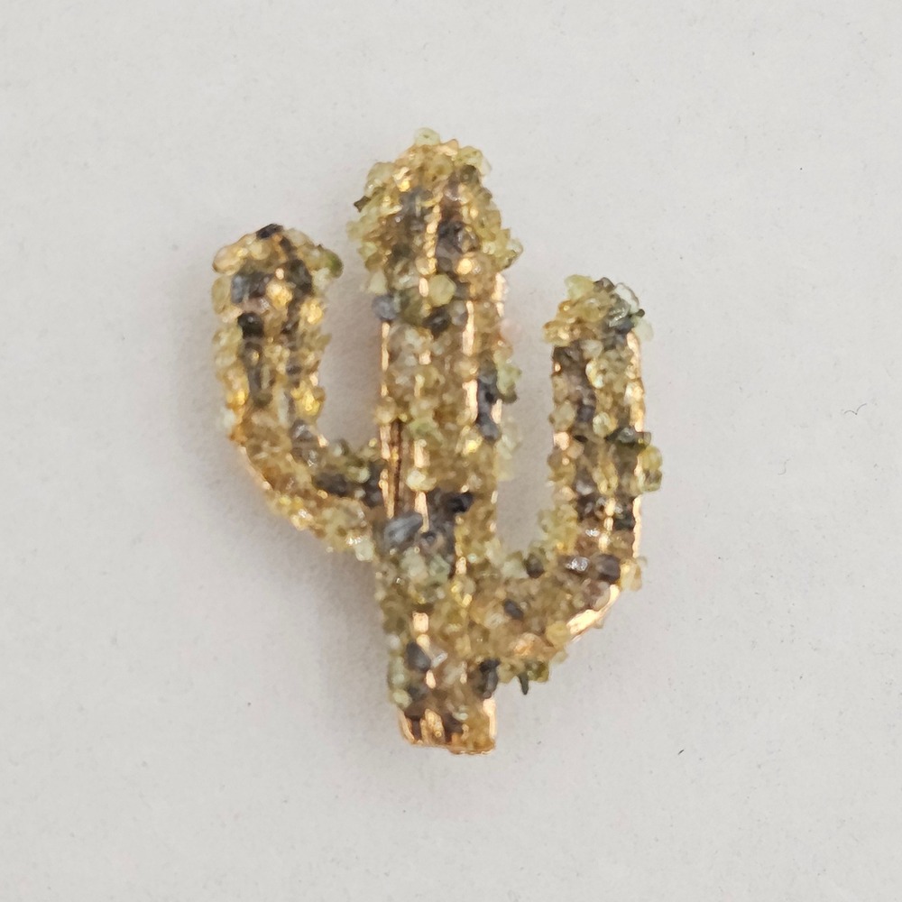 Vintage Cactus Brooch Pin Gold Tone Green Green Stone Chips Desert Southwestern‎ - Picture 3 of 9